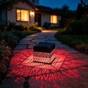 May include: A square black solar lantern with intricate laser-cut geometric patterns on its sides. The lantern emits a bright red light, casting a detailed, symmetrical mandala-like shadow pattern onto the stone walkway surface below it.