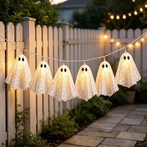 Luzes de Natal com Fantasmas de Renda e Lantejoulas, 6 unidades, Lindas Luzes de Fada Fantasma Brancas, Lâmpada Decorativa para Halloween e Natal (Dupla Utilização)