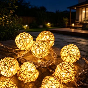 Könnte beinhalten: Eine Lichterkette mit mehreren kugelförmigen Lampenschirmen aus geflochtenem, hellem Rattan- oder Weidenmaterial. Jede Kugel enthält eine warm leuchtende Glühbirne, die ein sanftes Licht über die strukturierte Oberfläche verbreitet.