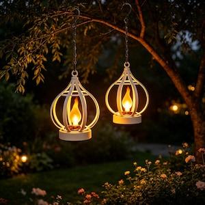 Peut inclure: Deux lanternes suspendues en métal blanc avec une structure arrondie en forme de cage. Chaque lanterne comporte une source lumineuse centrale émettant une lueur chaude et vacillante semblable à une flamme. Elles sont suspendues par des chaînes.