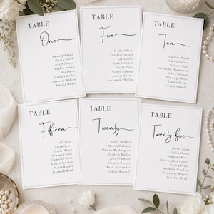 Puede incluir: Seis tarjetas rectangulares blancas para la organización de mesas de boda con texto en negro. Cada tarjeta muestra la palabra TABLE seguida de un número escrito y una lista de nombres en fuente serif. Están dispuestas en dos filas.