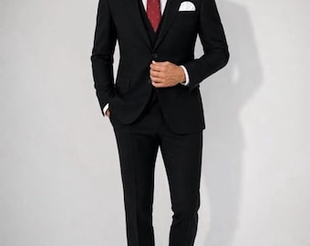 Traje negro a medida – 3 piezas, mezcla de algodón y lana – Ligero