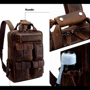 May include: A brown leather backpack featuring multiple exterior pockets with buckle closures, a top handle, and adjustable shoulder straps. The design includes a side pocket holding a light blue water bottle and metal hardware accents throughout.