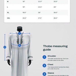 May include: A white thobe with long sleeves and a dark patterned chest panel. The image includes a sizing chart with measurements in inches and a diagram labeled Thobe measuring guide, detailing shoulder, chest, and sleeve measurement points.