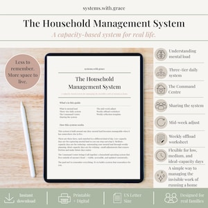 May include: A digital tablet displaying The Household Management System guide, featuring text on mental load, a three-tier daily system, and a command centre. A white stylus rests beside the tablet, which includes sections for weekly worksheets.