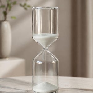 May include: A clear glass hourglass featuring a cylindrical design with a narrow center neck. The hourglass is filled with fine white sand, with a portion currently resting in the top chamber and a small mound accumulating in the bottom chamber.