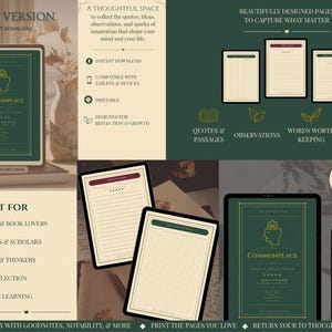 Può includere: Un modello di taccuino digitale con copertina verde scuro, icona di una testa dorata e il testo COMMONPLACE. Il set include pagine stampabili per citazioni, osservazioni e idee, compatibili con tablet e applicazioni per appunti digitali.