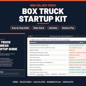 Puede incluir: Un kit de inicio digital para un negocio de camiones sin CDL, que incluye una gu&iacute;a titulada Box Truck Business Startup Guide y una hoja de c&aacute;lculo HaulLedger_Box_Truck_Startup_Calculator.xlsx con reglas y requisitos federales.