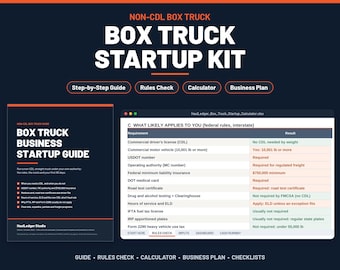 Pode incluir: Um kit de inicialização digital para um negócio de caminhões sem CDL, apresentando um guia intitulado Box Truck Business Startup Guide e uma planilha HaulLedger_Box_Truck_Startup_Calculator.xlsx com regras e requisitos federais.