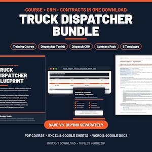Truck dispatcher bundle: the dispatcher training course PDF cover, the truck dispatch CRM dashboard, a marketing template and the dispatch service agreement, with the bundle saving shown.