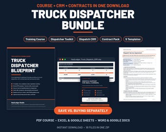 Può includere: Un pacchetto digitale per spedizionieri di camion che include un corso di formazione, un CRM e modelli di contratto. La grafica blu scuro e arancione mostra un documento Truck Dispatcher Blueprint, una dashboard CRM e un contratto.