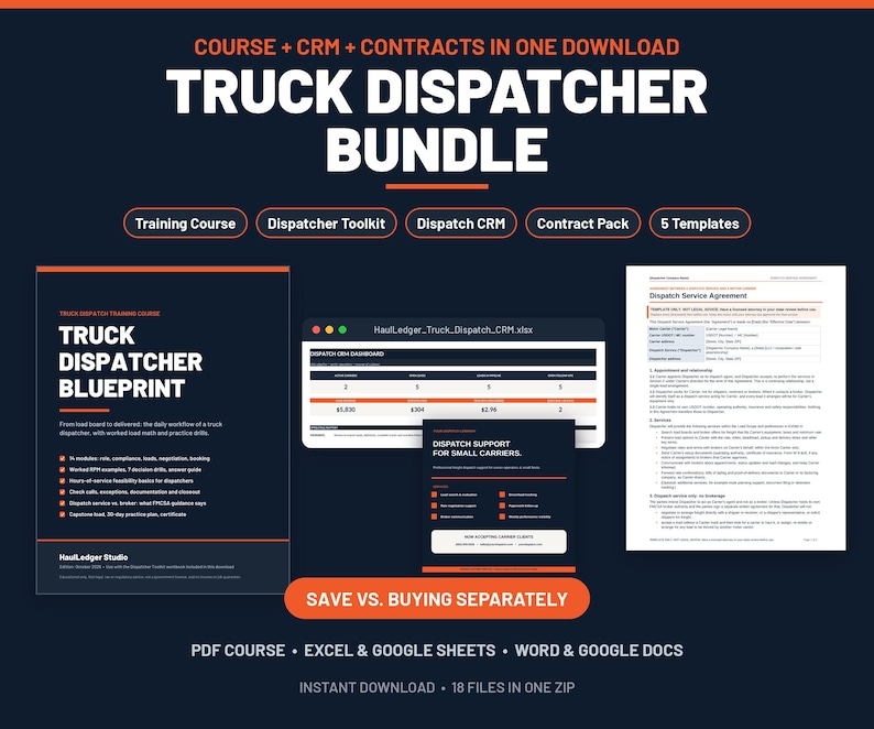 Truck dispatcher bundle: the dispatcher training course PDF cover, the truck dispatch CRM dashboard, a marketing template and the dispatch service agreement, with the bundle saving shown.