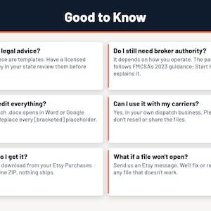 Pu&ograve; includere: Un grafico informativo intitolato Good to Know con sei riquadri rettangolari bianchi contenenti testo su consulenza legale, autorizzazione di intermediazione, modifica di file, uso con vettori e supporto tecnico.