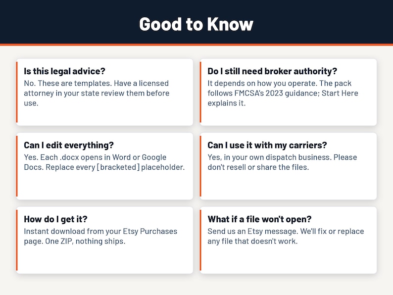 Pu&ograve; includere: Un grafico informativo intitolato Good to Know con sei riquadri rettangolari bianchi contenenti testo su consulenza legale, autorizzazione di intermediazione, modifica di file, uso con vettori e supporto tecnico.