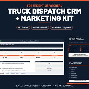 Puede incluir: Un kit de marketing y CRM de despacho de camiones digital con fondo azul oscuro y detalles en naranja. La pantalla muestra un panel de control de hoja de cálculo con métricas para transportistas activos, clientes potenciales e ingresos.