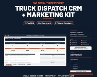 Puede incluir: Un kit de marketing y CRM de despacho de camiones digital con fondo azul oscuro y detalles en naranja. La pantalla muestra un panel de control de hoja de cálculo con métricas para transportistas activos, clientes potenciales e ingresos.