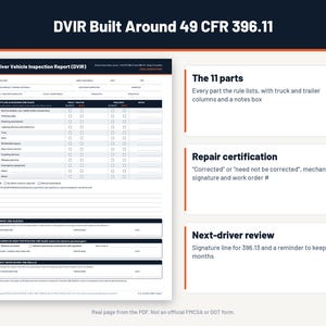 Peut inclure: Un formulaire de rapport d'inspection de v&eacute;hicule conducteur intitul&eacute; DVIR Built Around 49 CFR 396.11. Le document pr&eacute;sente une liste de contr&ocirc;le de 11 pi&egrave;ces pour l'inspection des camions et remorques, des sections de certification et signature.