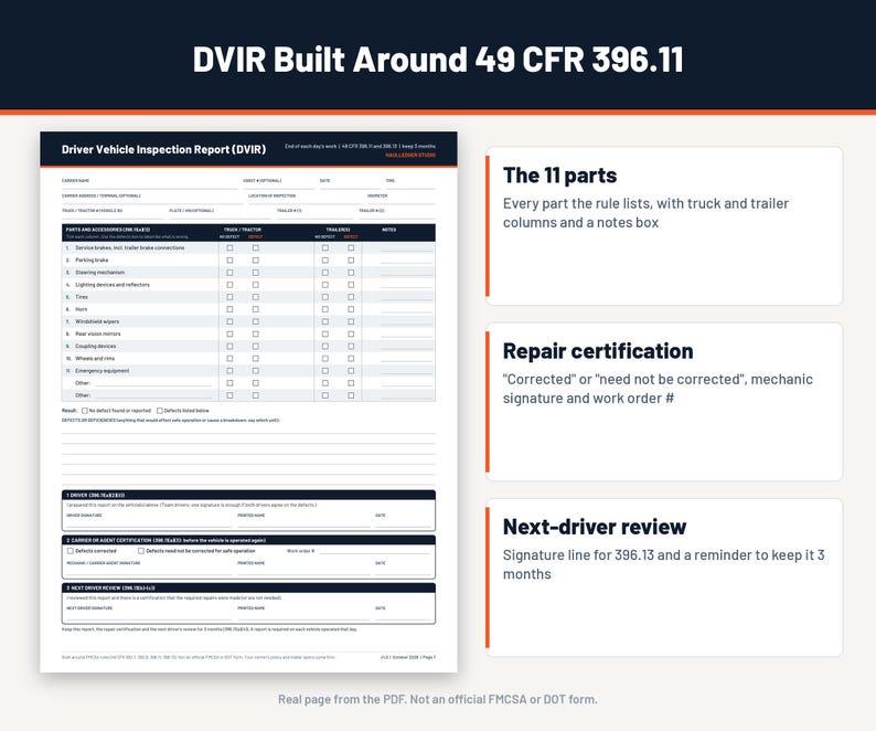 Peut inclure: Un formulaire de rapport d'inspection de v&eacute;hicule conducteur intitul&eacute; DVIR Built Around 49 CFR 396.11. Le document pr&eacute;sente une liste de contr&ocirc;le de 11 pi&egrave;ces pour l'inspection des camions et remorques, des sections de certification et signature.