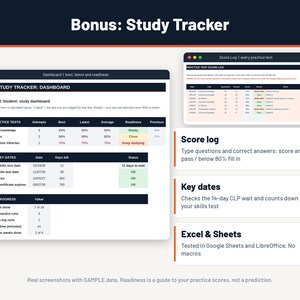 Peut inclure: Un tableau de bord num&eacute;rique de suivi d'&eacute;tude pour les examens CDL comprenant un r&eacute;sum&eacute; des tests pratiques avec des colonnes pour les tentatives, les scores et le statut de pr&eacute;paration, ainsi qu'un journal des scores et des dates cl&eacute;s.