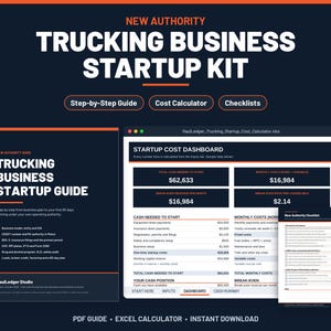 Pode incluir: Um kit digital de inicializa&ccedil;&atilde;o para empresas de transporte com guia, calculadora de custos e listas de verifica&ccedil;&atilde;o. O texto inclui New Authority Trucking Business Startup Kit, Startup Cost Dashboard e v&aacute;rios dados financeiros em azul e laranja.