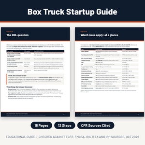 Puede incluir: Una gu&iacute;a educativa de dos p&aacute;ginas titulada Box Truck Startup Guide. El documento presenta tablas y texto que detallan los requisitos de CDL y las normas federales para veh&iacute;culos comerciales, incluyendo 16 p&aacute;ginas, 12 pasos y fuentes CFR citadas.