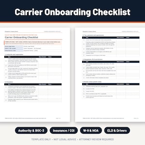 Pu&ograve; includere: Un modello di documento di lista di controllo per l'onboarding del vettore in due pagine con sezioni per autorit&agrave;, registrazione, assicurazione, tasse, pagamenti, accordi, attrezzature, ELD e conducenti con testo e tabelle.