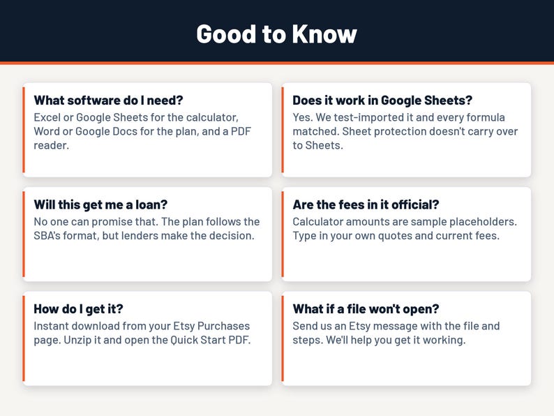 Pode incluir: Um gr&aacute;fico informativo intitulado Good to Know com seis caixas retangulares brancas contendo perguntas e respostas frequentes sobre requisitos de software, compatibilidade com Google Sheets, empr&eacute;stimos, taxas, acesso a arquivos e solu&ccedil;&atilde;o de problemas.