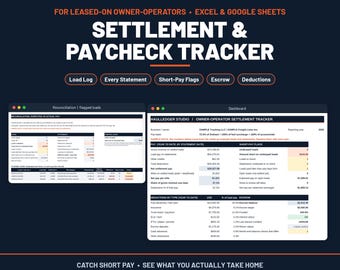 Owner Operator Settlement Sheet Template, Truck Driver Pay Tracker, Escrow and Deductions, Excel & Google Sheets