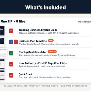 Pode incluir: Um pacote de download digital contendo um arquivo ZIP com seis documentos: um guia de in&iacute;cio de neg&oacute;cios de transporte de 21 p&aacute;ginas, um modelo de plano de neg&oacute;cios, uma calculadora de custos, listas de verifica&ccedil;&atilde;o e um guia r&aacute;pido.