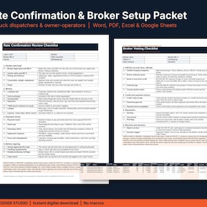 Rate Confirmation Checklist, Broker Setup Packet, Dispatcher Load Tracker, Excel & Google Sheets