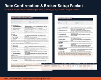 Rate Confirmation Checklist, Broker Setup Packet, Dispatcher Load Tracker, Excel & Google Sheets