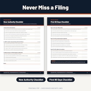 Pode incluir: Duas listas de verifica&ccedil;&atilde;o imprim&iacute;veis intituladas New Authority Checklist e First 90 Days Checklist. Os documentos apresentam cabe&ccedil;alhos azul-escuro, detalhes em laranja, se&ccedil;&otilde;es numeradas, caixas de sele&ccedil;&atilde;o e linhas de data.