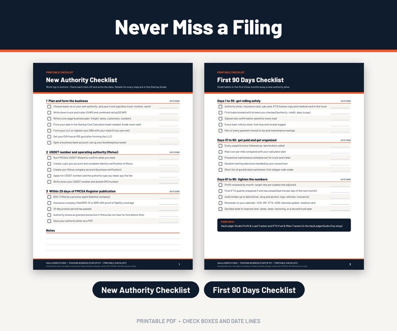 Pode incluir: Duas listas de verifica&ccedil;&atilde;o imprim&iacute;veis intituladas New Authority Checklist e First 90 Days Checklist. Os documentos apresentam cabe&ccedil;alhos azul-escuro, detalhes em laranja, se&ccedil;&otilde;es numeradas, caixas de sele&ccedil;&atilde;o e linhas de data.