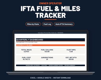 Peut inclure: Un outil numérique de suivi IFTA de carburant et de kilométrage pour exploitant propriétaire affiché sur un écran d'ordinateur. Le tableau de bord présente des données trimestrielles, notamment le kilométrage, le carburant et les coûts IFTA.