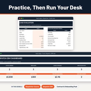 Puede incluir: Un panel digital titulado Practice, Then Run Your Desk que muestra dos ventanas de hoja de c&aacute;lculo: Load Evaluation y Dispatch CRM Dashboard. La ventana Load Evaluation enumera valores de entrada y m&eacute;tricas de decisi&oacute;n calculadas. El Dispatch CRM Dashboard muestra transportistas activos, clientes potenciales, cargas en proceso y datos de ingresos. Tres botones en la parte inferior dicen Dispatch Course, Dispatch CRM y Contract & Onboarding Pack.