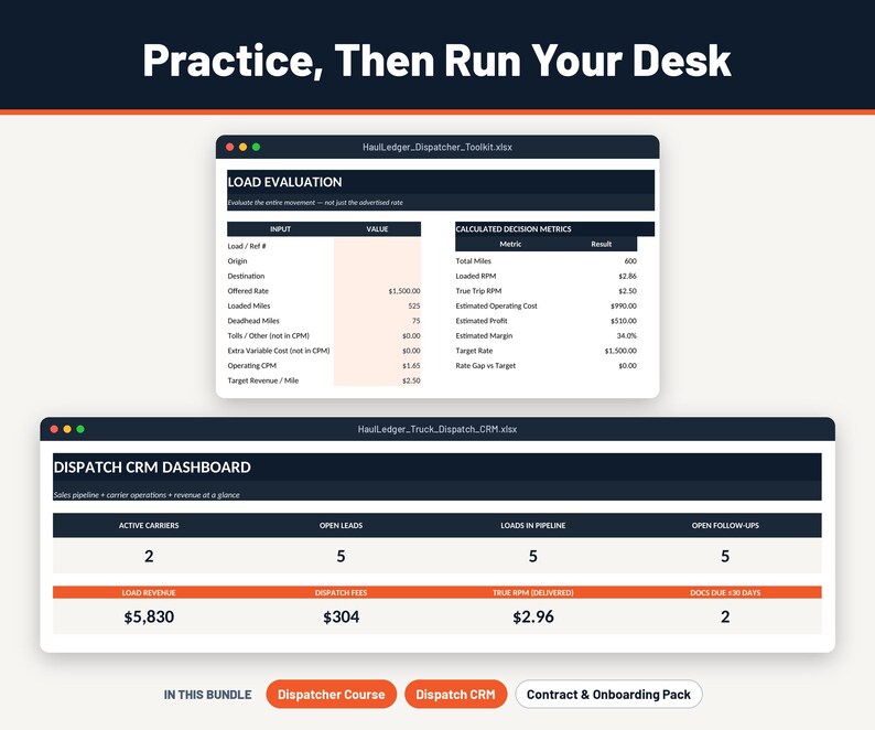 Puede incluir: Un panel digital titulado Practice, Then Run Your Desk que muestra dos ventanas de hoja de c&aacute;lculo: Load Evaluation y Dispatch CRM Dashboard. La ventana Load Evaluation enumera valores de entrada y m&eacute;tricas de decisi&oacute;n calculadas. El Dispatch CRM Dashboard muestra transportistas activos, clientes potenciales, cargas en proceso y datos de ingresos. Tres botones en la parte inferior dicen Dispatch Course, Dispatch CRM y Contract & Onboarding Pack.
