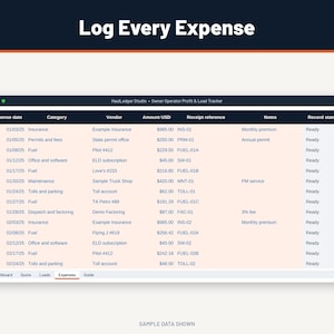 May include: A digital expense tracking spreadsheet titled Log Every Expense and HaulLedger Studio Owner Operator Profit & Load Tracker. The table displays columns for expense date, category, vendor, amount in USD, receipt reference, notes, and record status.