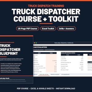Op de afbeelding: Een training en toolkit voor vrachtwagen-dispatchers met een 25-pagina tellende PDF genaamd Truck Dispatcher Blueprint, een Excel-toolkit voor vrachtevaluatie en oefenbladen met antwoorden over vrachtberekeningen, compliance en onderhandelingen.