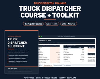 Puede incluir: Un curso de formación y kit de herramientas para despachadores de camiones que incluye un PDF de 25 páginas titulado Truck Dispatcher Blueprint, una herramienta de Excel para evaluar cargas y ejercicios con respuestas sobre cálculos y normativa.