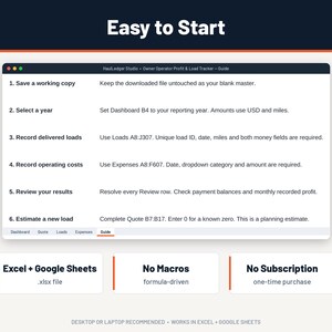 May include: A digital guide titled Easy to Start for HaulLedger Studio Owner Operator Profit & Load Tracker. It lists six steps for using the spreadsheet, including saving a copy, selecting a year, and recording loads, costs, and results.