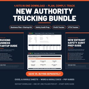May include: A digital trucking business bundle featuring four kits in one download. Includes a startup guide, safety audit prep guide, profit tracker, and IFTA tracker. Compatible with Excel, Google Sheets, Word, Google Docs, and PDF formats.