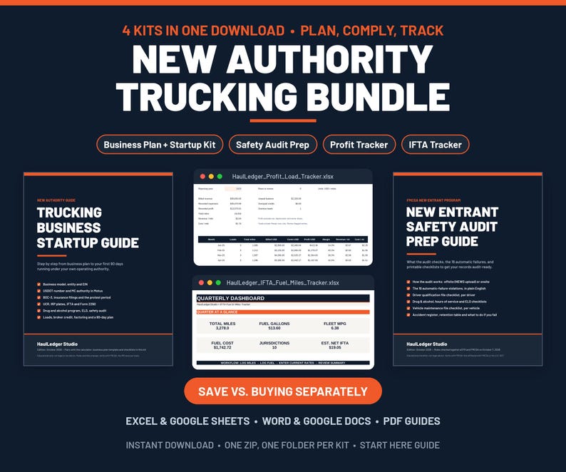 May include: A digital trucking business bundle featuring four kits in one download. Includes a startup guide, safety audit prep guide, profit tracker, and IFTA tracker. Compatible with Excel, Google Sheets, Word, Google Docs, and PDF formats.