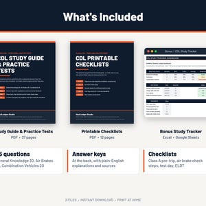 What's included: 37-page CDL study guide PDF, 12-page printable checklists PDF and bonus study tracker spreadsheet
