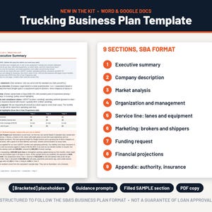 Pode incluir: Um modelo digital de plano de neg&oacute;cios de transporte para Word e Google Docs. O documento apresenta 9 se&ccedil;&otilde;es no formato SBA, incluindo um resumo executivo, descri&ccedil;&atilde;o da empresa e proje&ccedil;&otilde;es financeiras, com marcadores, orienta&ccedil;&otilde;es e uma se&ccedil;&atilde;o de exemplo preenchida.