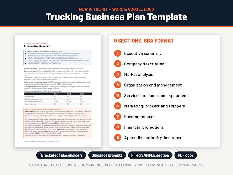 Pode incluir: Um modelo digital de plano de neg&oacute;cios de transporte para Word e Google Docs. O documento apresenta 9 se&ccedil;&otilde;es no formato SBA, incluindo um resumo executivo, descri&ccedil;&atilde;o da empresa e proje&ccedil;&otilde;es financeiras, com marcadores, orienta&ccedil;&otilde;es e uma se&ccedil;&atilde;o de exemplo preenchida.