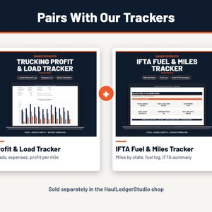 Pode incluir: Duas ferramentas de rastreamento digital para propriet&aacute;rios-operadores: o Trucking Profit & Load Tracker e o IFTA Fuel & Miles Tracker. Ambos apresentam fundos azul-escuro com detalhes em laranja, exibindo interfaces de painel com gr&aacute;ficos e registros.