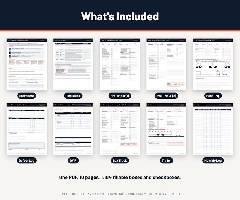 What's included: all 10 pages of the truck inspection forms PDF, including box truck, trailer and monthly log