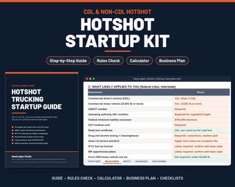 Pode incluir: Um kit de inicialização para transporte hotshot com um guia e uma calculadora em planilha. O guia é intitulado Hotshot Trucking Startup Guide. A planilha exibe requisitos federais para motoristas CDL e não CDL, incluindo números USDOT.