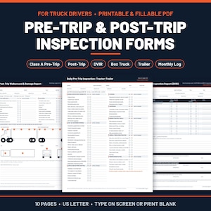 Pre-trip and post-trip inspection forms for truck drivers: fillable printable PDF with Class A pre-trip, post-trip and DVIR pages