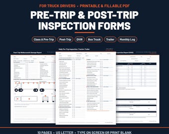 Pre Trip Inspection Form, Post Trip Checklist, DVIR, Semi & Box Truck, Printable Fillable PDF